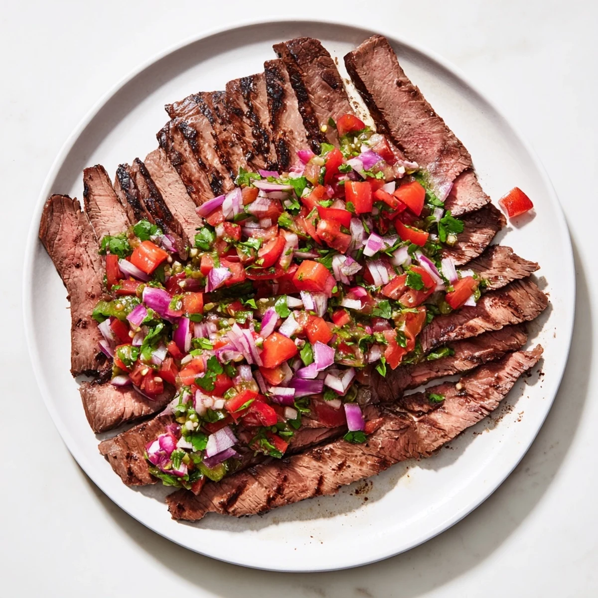Juicy marinated flank steak grilled to perfection with smoky char marks and fresh poblano relish