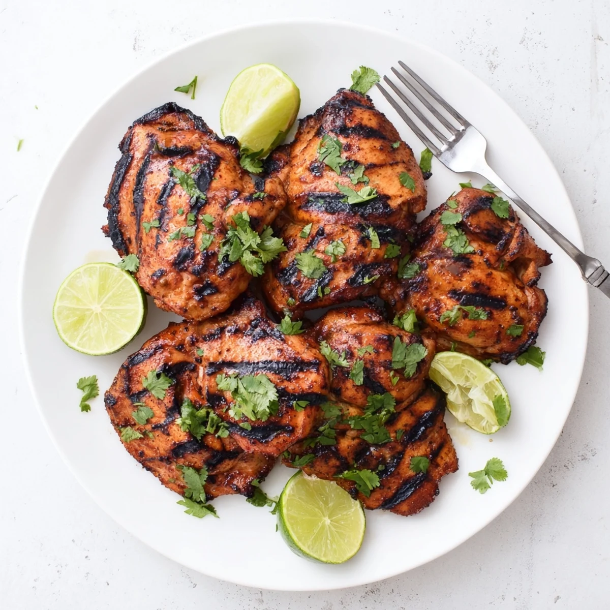 Juicy grilled cilantro lime chicken thighs with charred grill marks and fresh herb garnish on a white serving platter