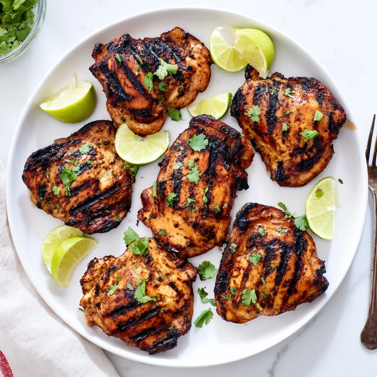 Golden brown chicken thighs grilled to perfection with zesty lime and cilantro marinade, garnished with lime wedges and extra herbs