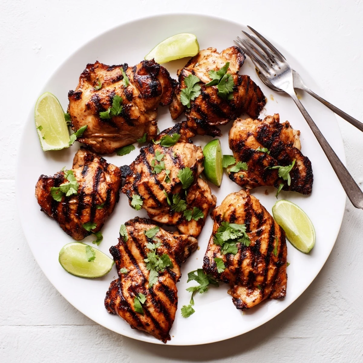 Perfectly grilled chicken thighs featuring a smoky charred exterior and vibrant cilantro lime marinade, served on a rustic wooden board
