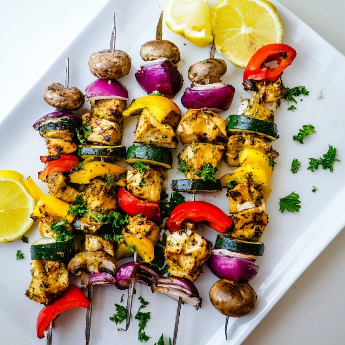 Golden grilled chicken kabobs with vegetables recipe featuring charred bell peppers, onions, and zucchini on skewers