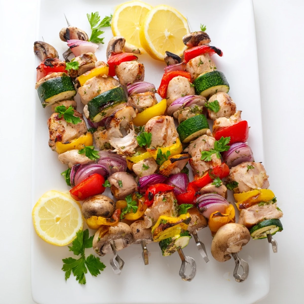 Colorful Mediterranean grilled chicken kabobs with vegetables recipe arranged on a white serving platter