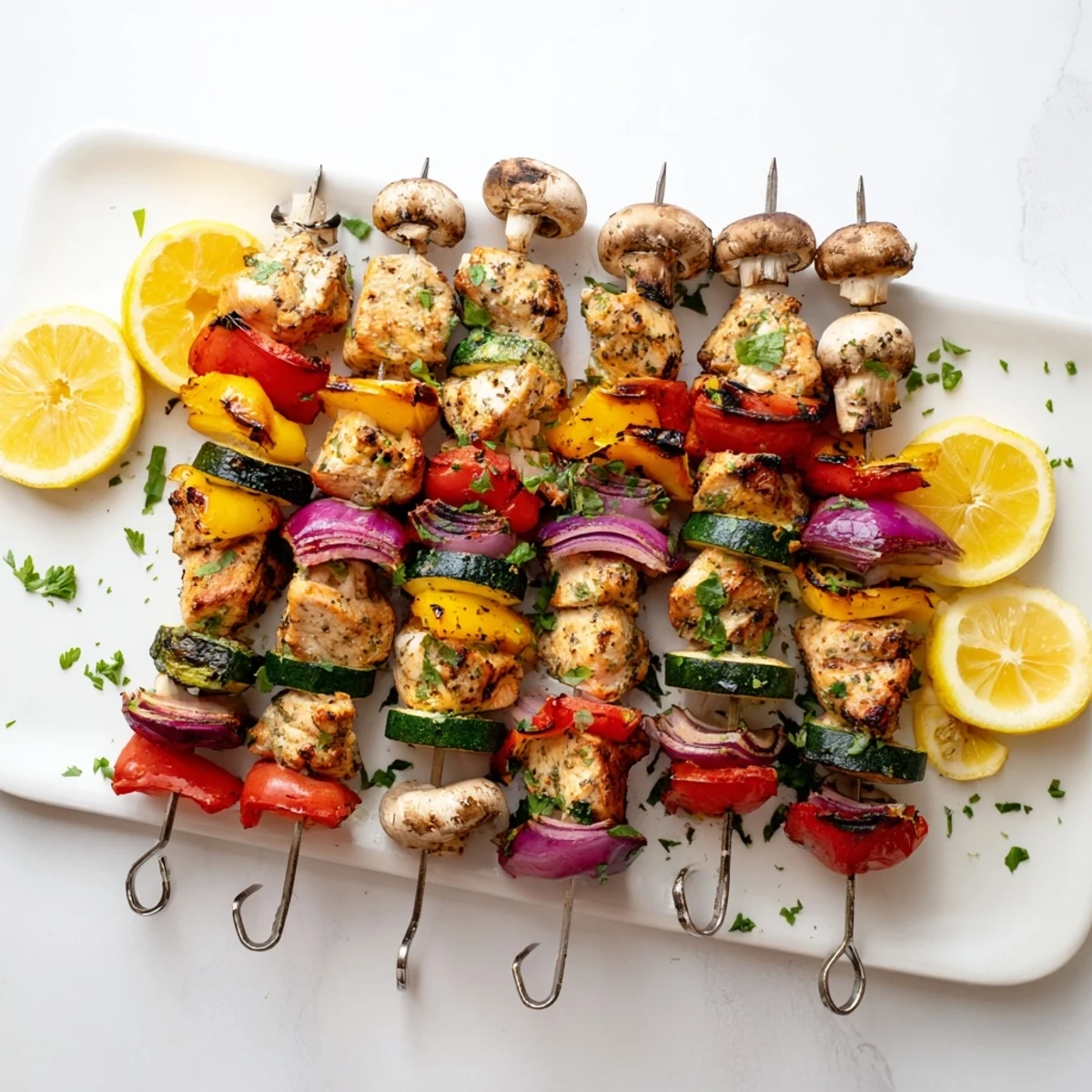 Juicy marinated chicken and fresh vegetables grilled to perfection in this easy kabobs with vegetables recipe
