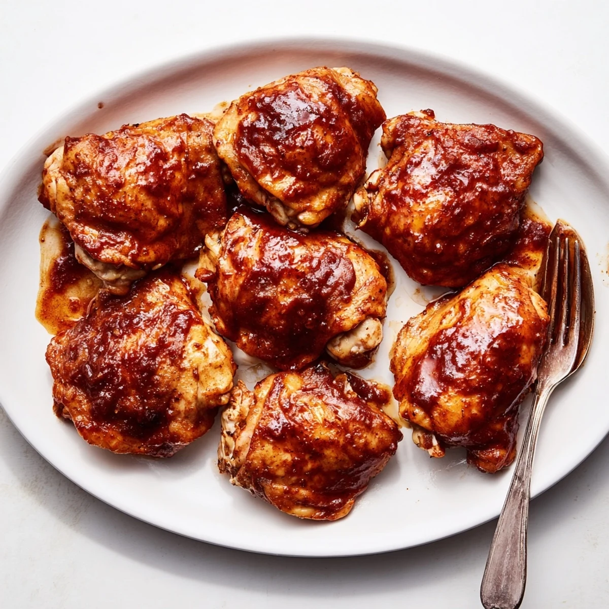 Golden BBQ chicken thighs glistening with smoky sauce, fresh from the grill