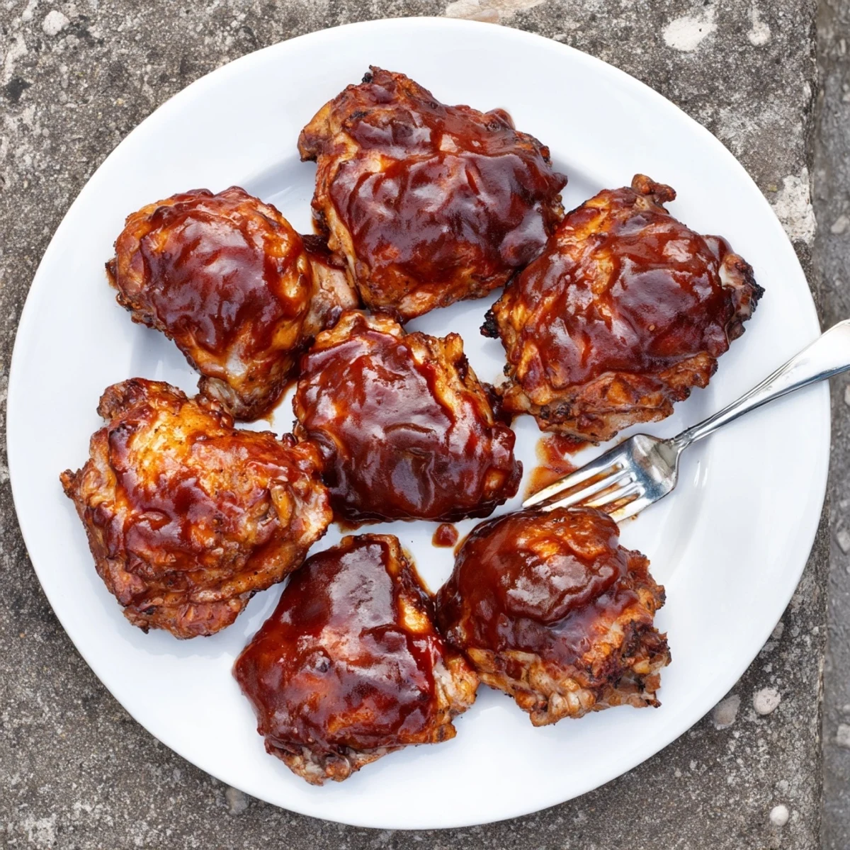 Juicy grilled BBQ chicken thighs with charred edges and sticky sweet coating