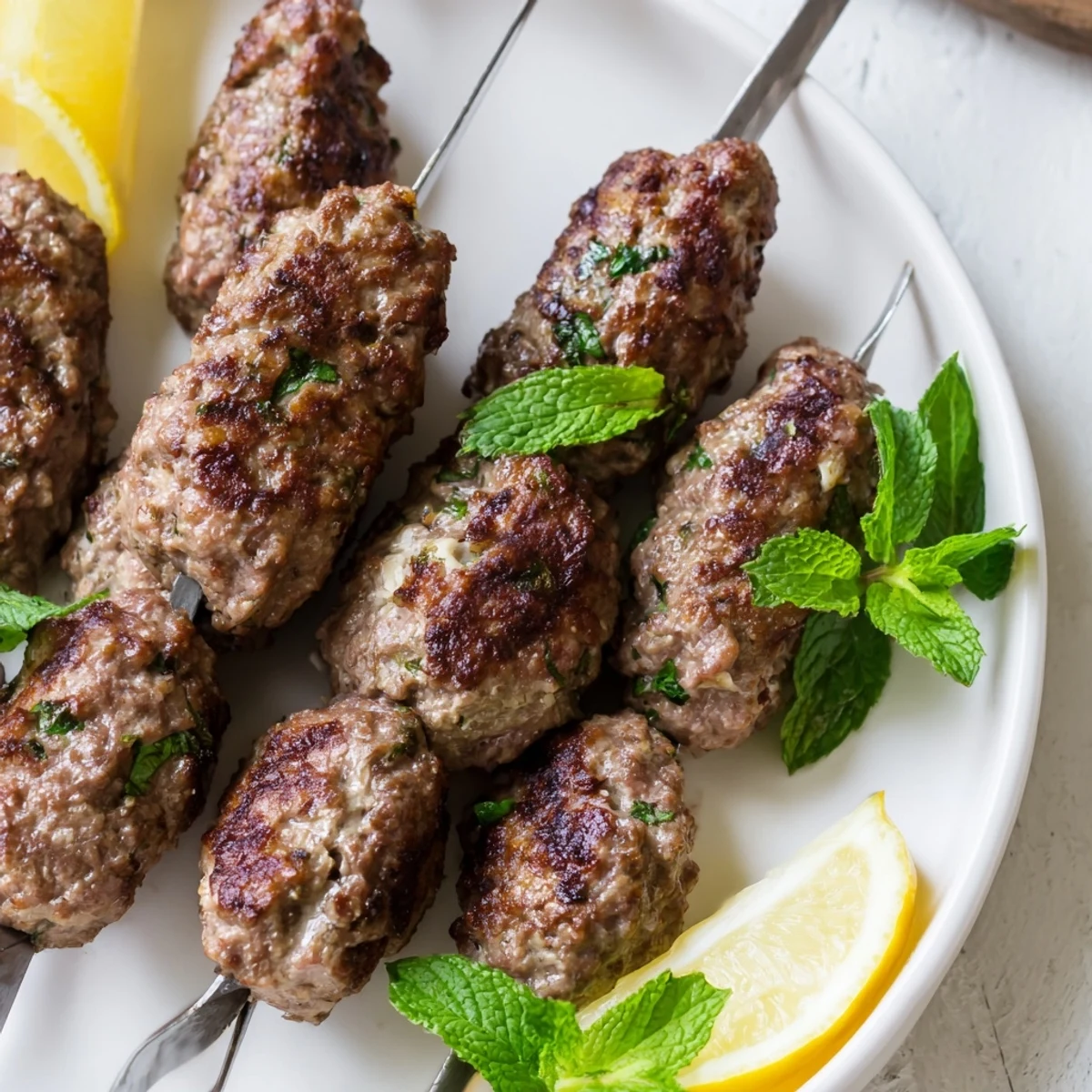 Golden brown Lamb Kofta Kebabs sizzling on the grill with fresh herbs and aromatic Middle Eastern spices