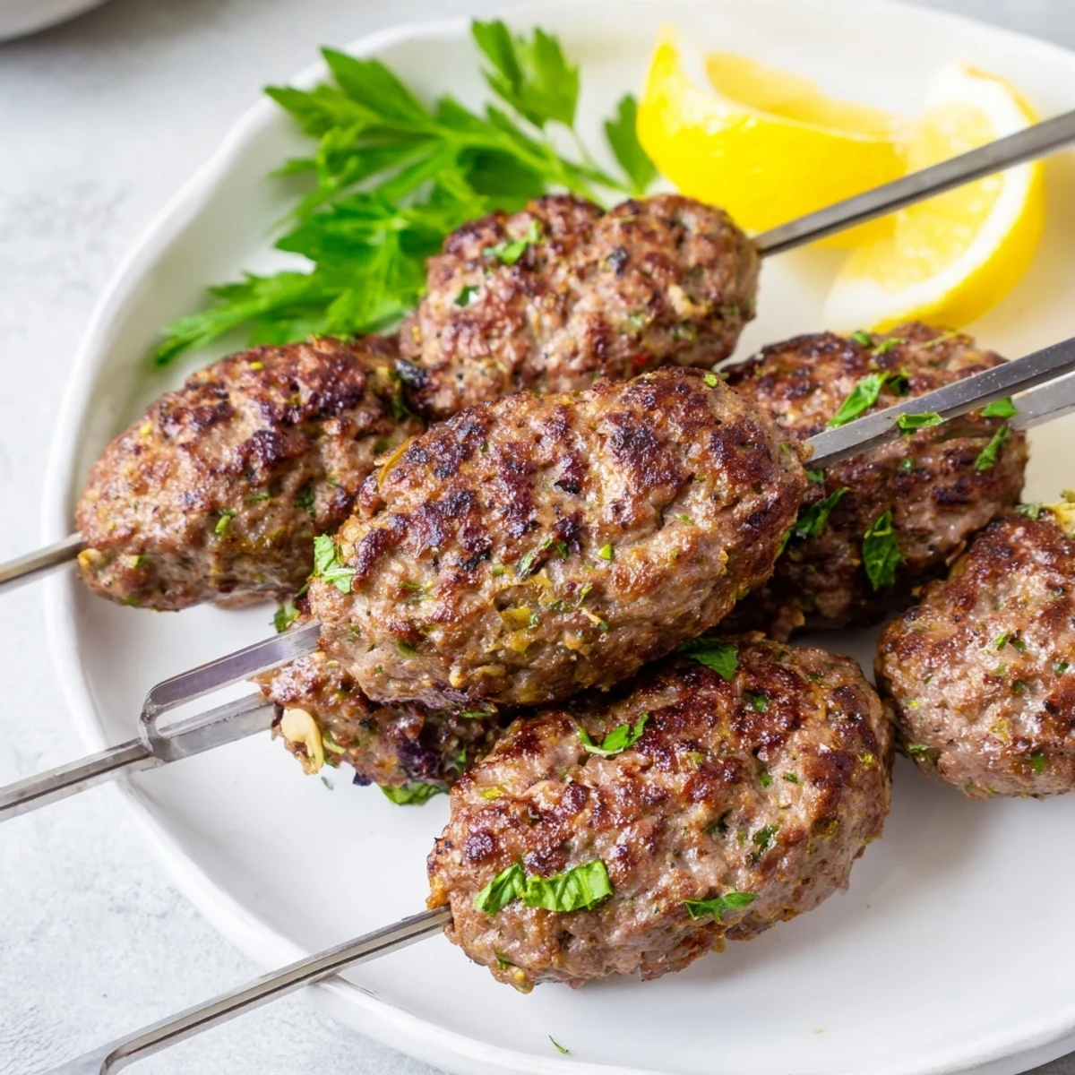 Juicy grilled Lamb Kofta Kebabs arranged on a platter with lemon wedges and vibrant green parsley garnish