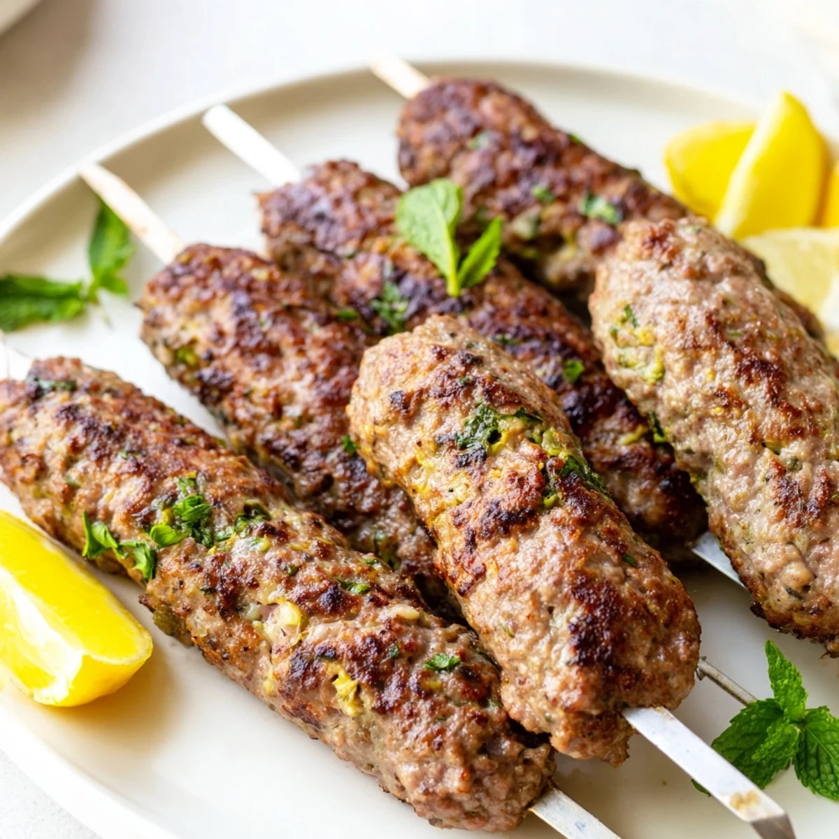 Homemade Lamb Kofta Kebabs on skewers featuring a charred exterior and tender spiced ground lamb interior