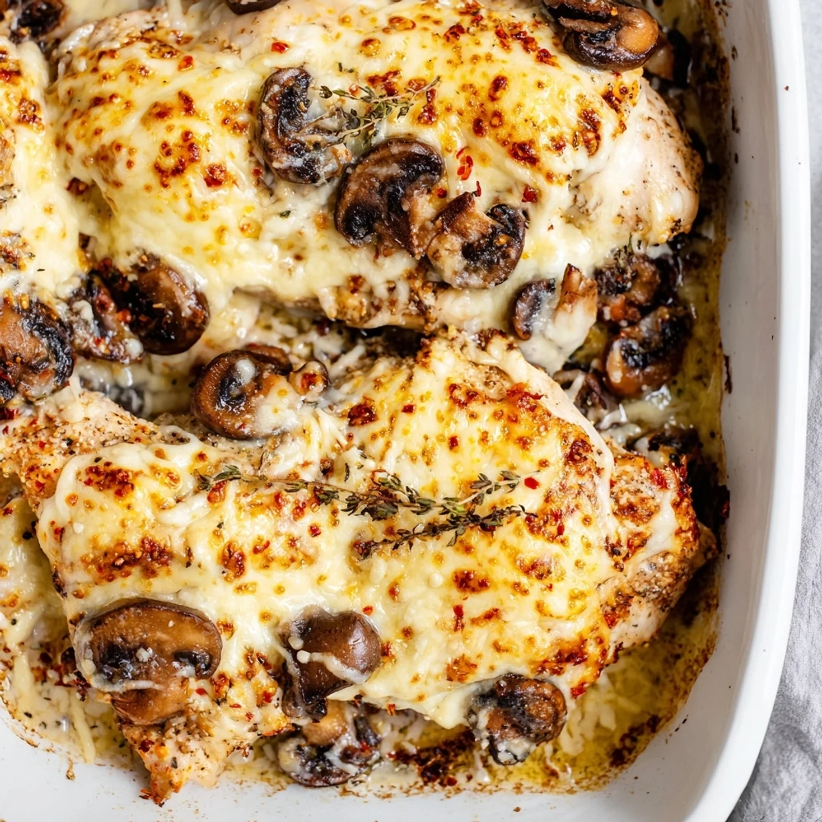Golden cheesy baked chicken with mushrooms bubbling in a ceramic baking dish