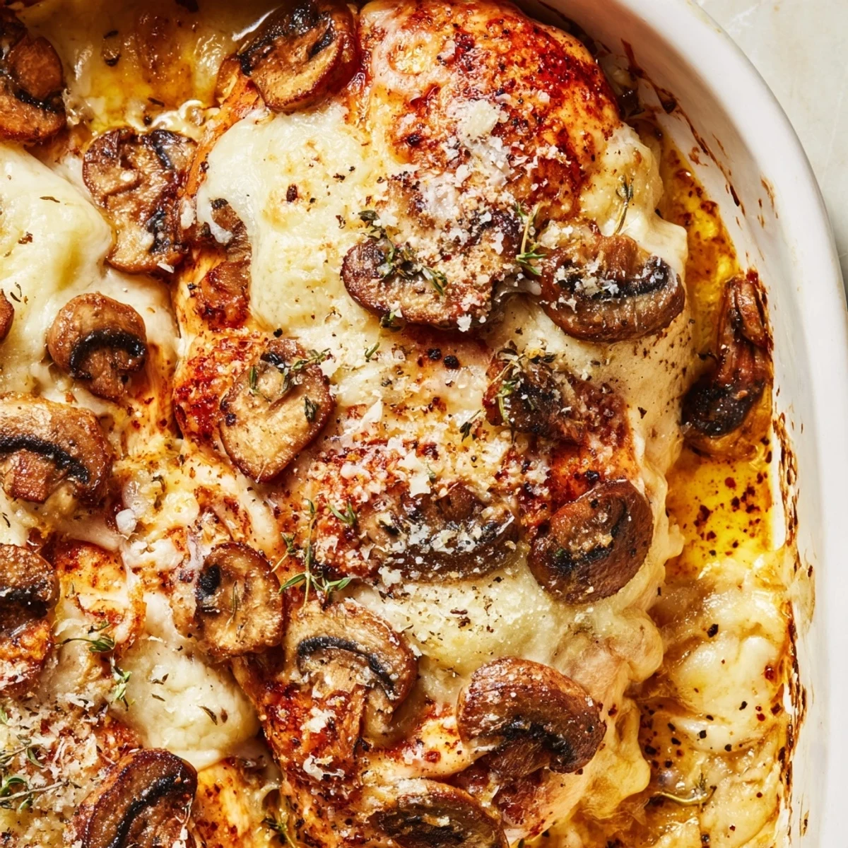 Tender chicken breasts topped with melted mozzarella and sautéed mushroom slices