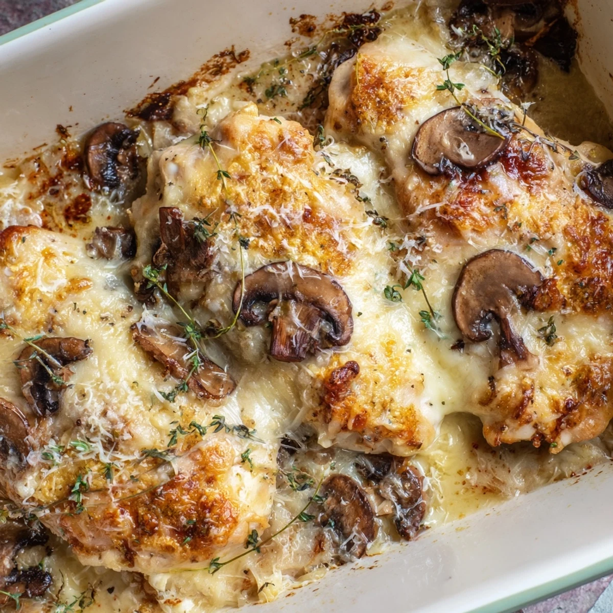 Baked chicken dish featuring golden cheese blanketing seasoned meat and earthy mushrooms