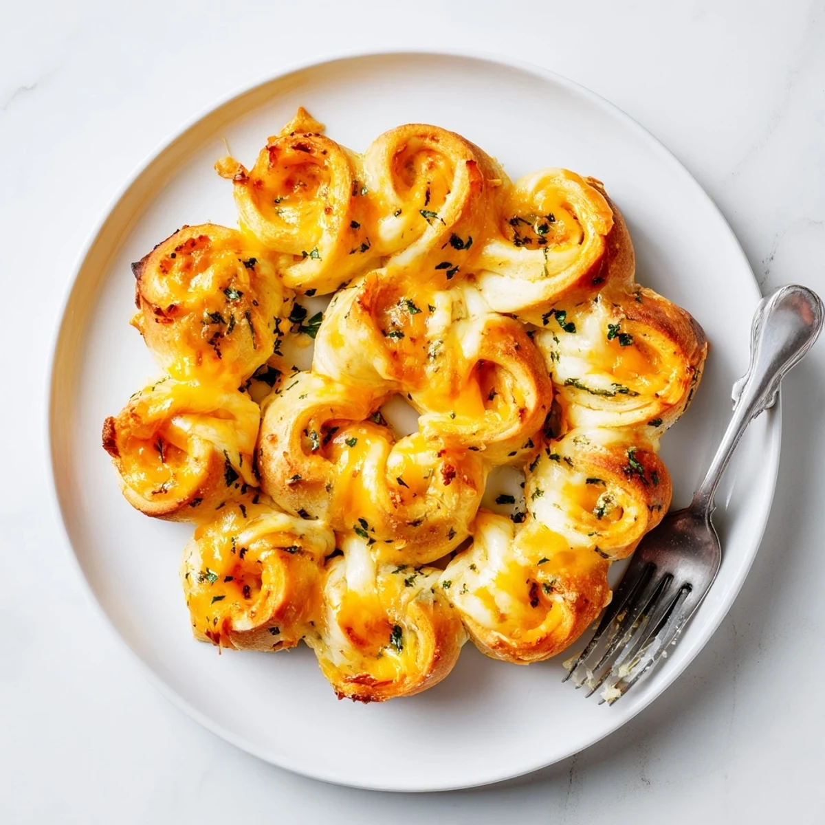 Golden brown cheesy garlic butter rollups brushed with melted butter and fresh parsley