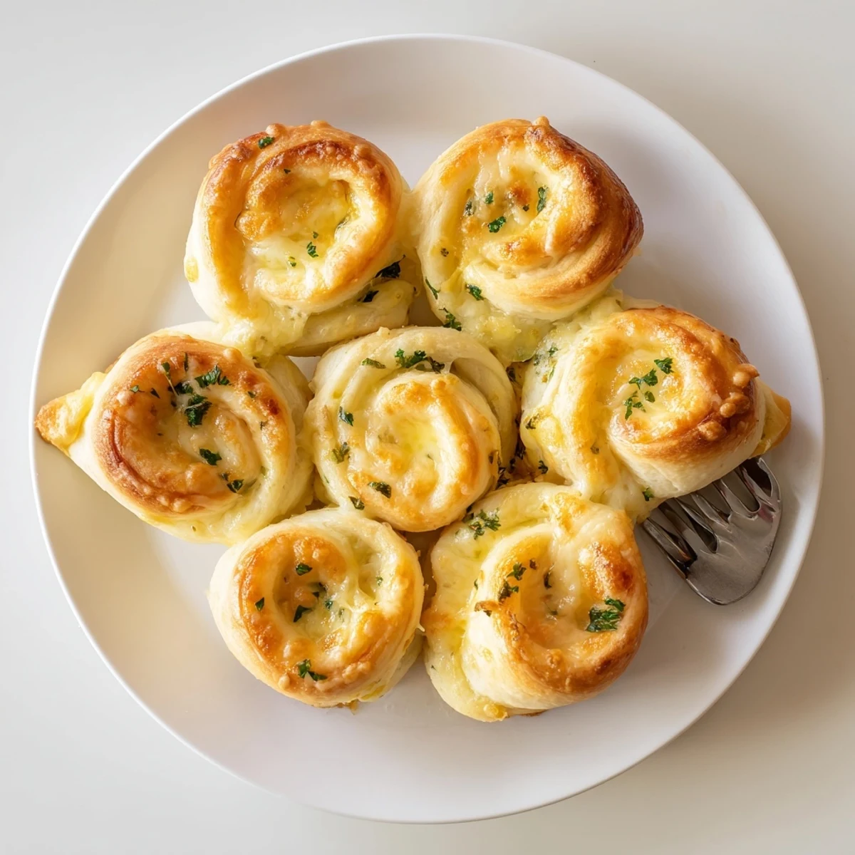 Baked crescent cheesy garlic butter rollups served on a white plate for dipping