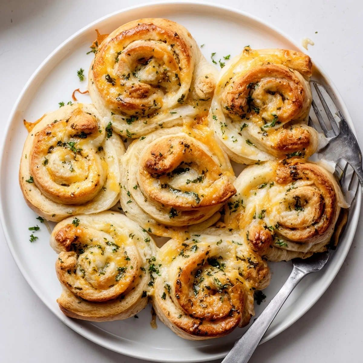 Warm homemade cheesy garlic butter rollups stuffed with melted mozzarella and cheddar cheese