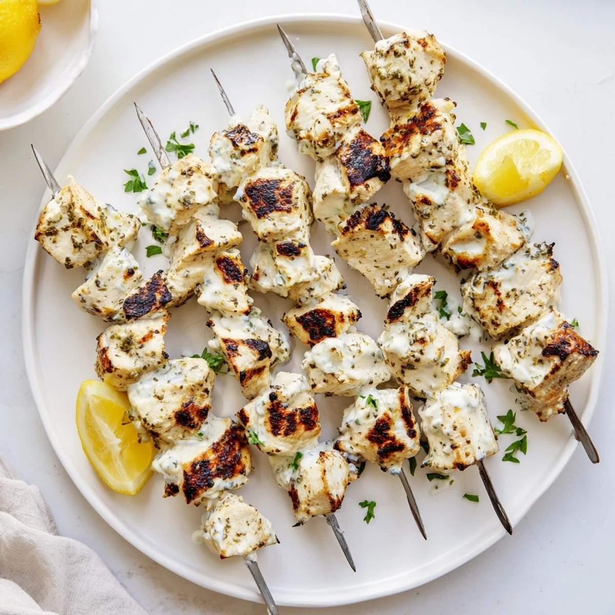 Golden Greek yogurt marinated chicken skewers grilled to juicy perfection with charred edges