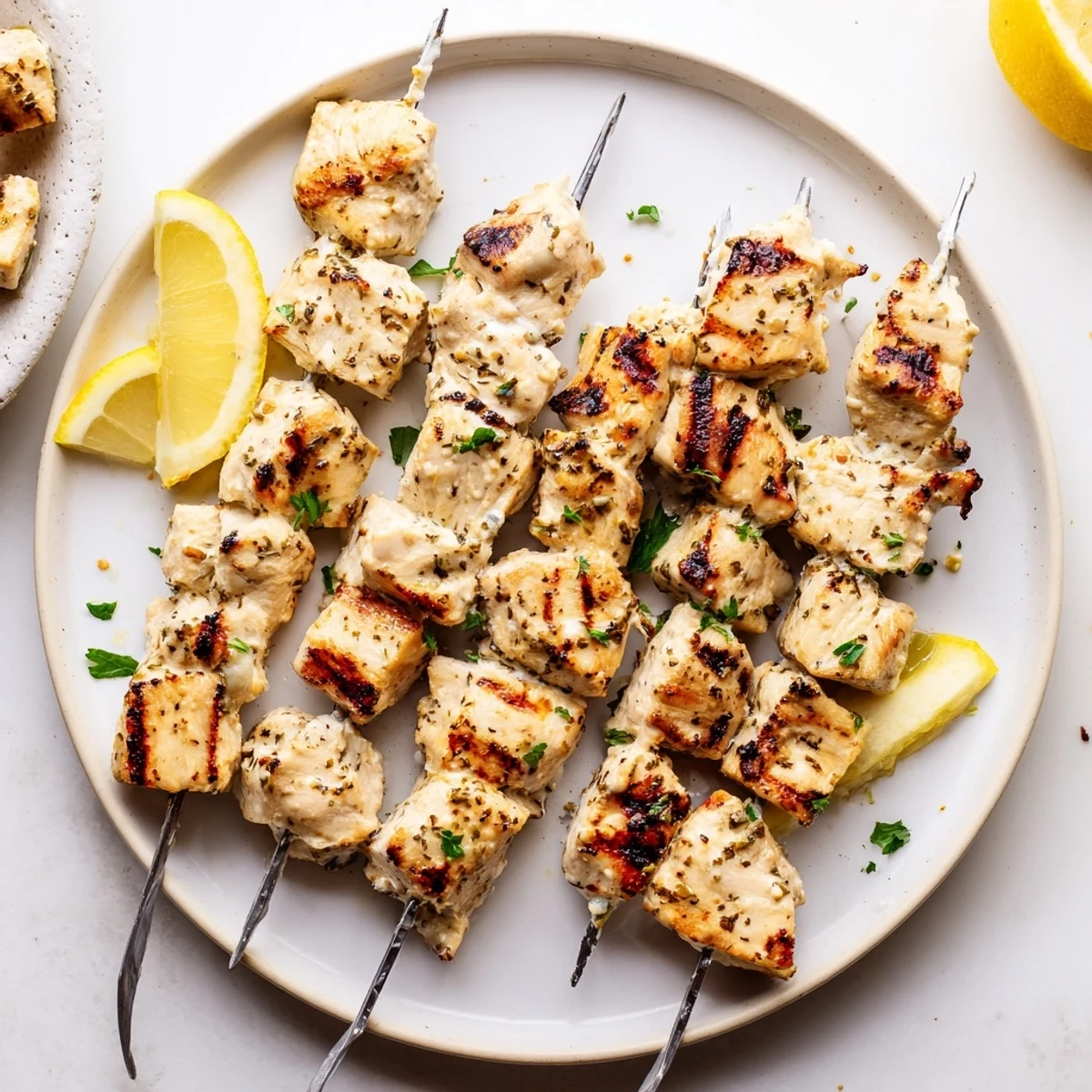 Tender chicken threaded on skewers featuring a creamy herb yogurt marinade and light grill marks