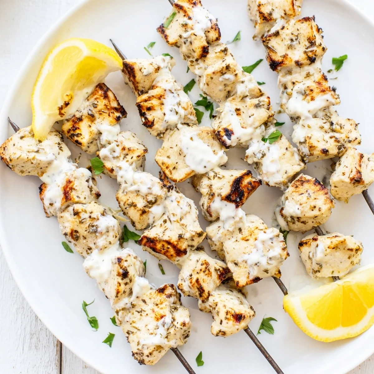 Savory Greek yogurt marinated chicken pieces arranged on skewers fresh off the grill