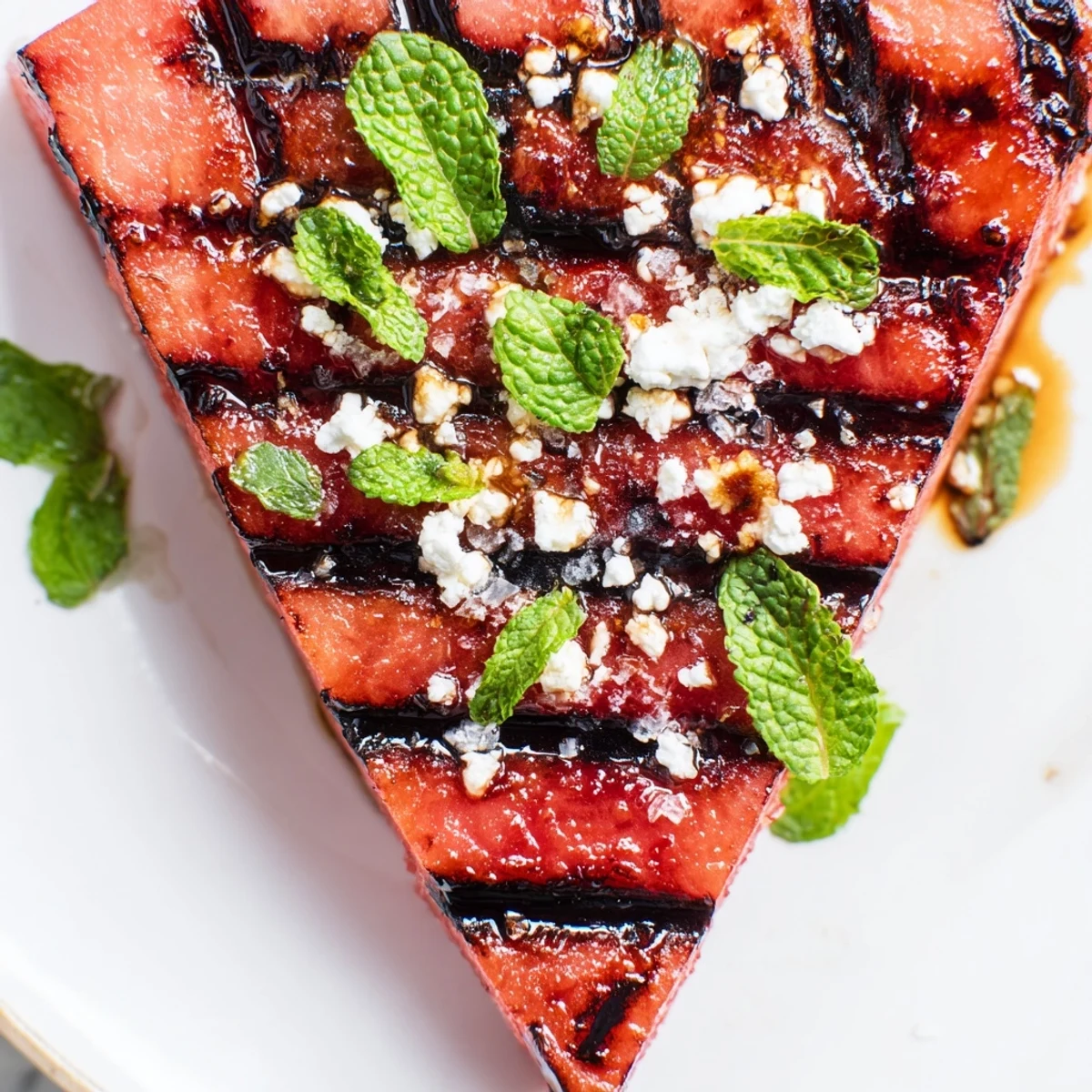 Grilled watermelon steak with caramelized grill marks topped with fresh mint and flaky sea salt