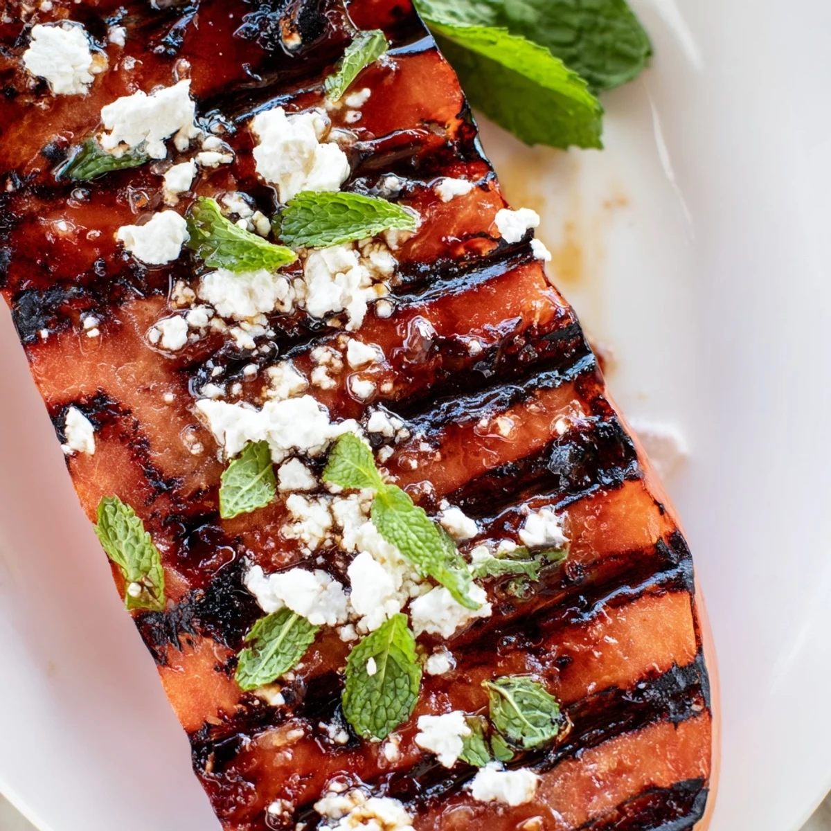 Savory summer watermelon steak plated with chopped mint crumbled vegan feta and a drizzle of lime