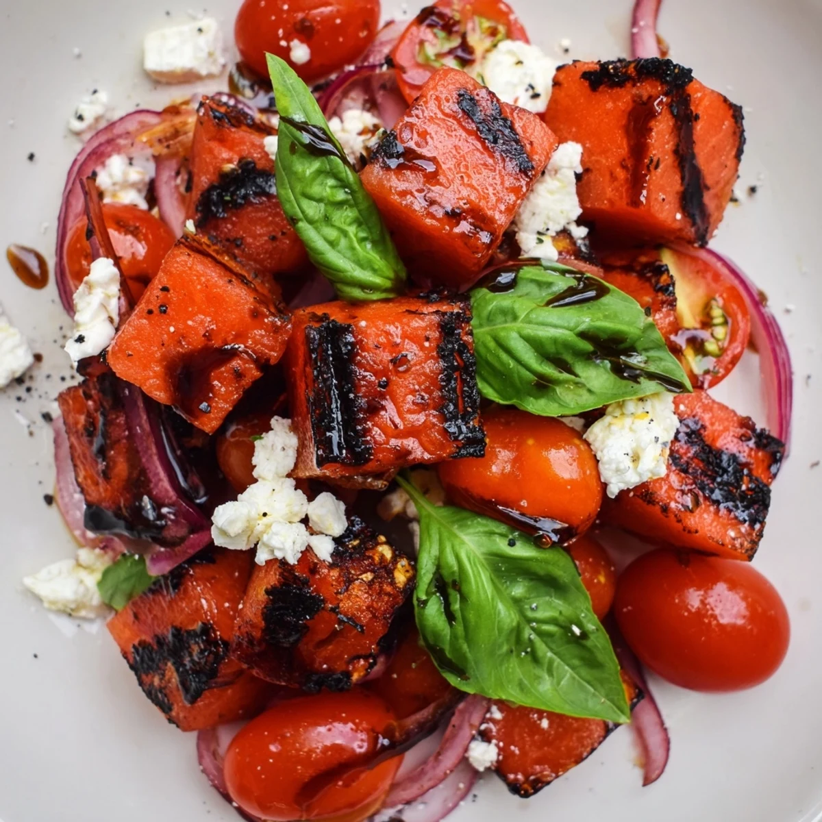 Colorful grilled watermelon feta and basil salad served on a white platter with balsamic glaze