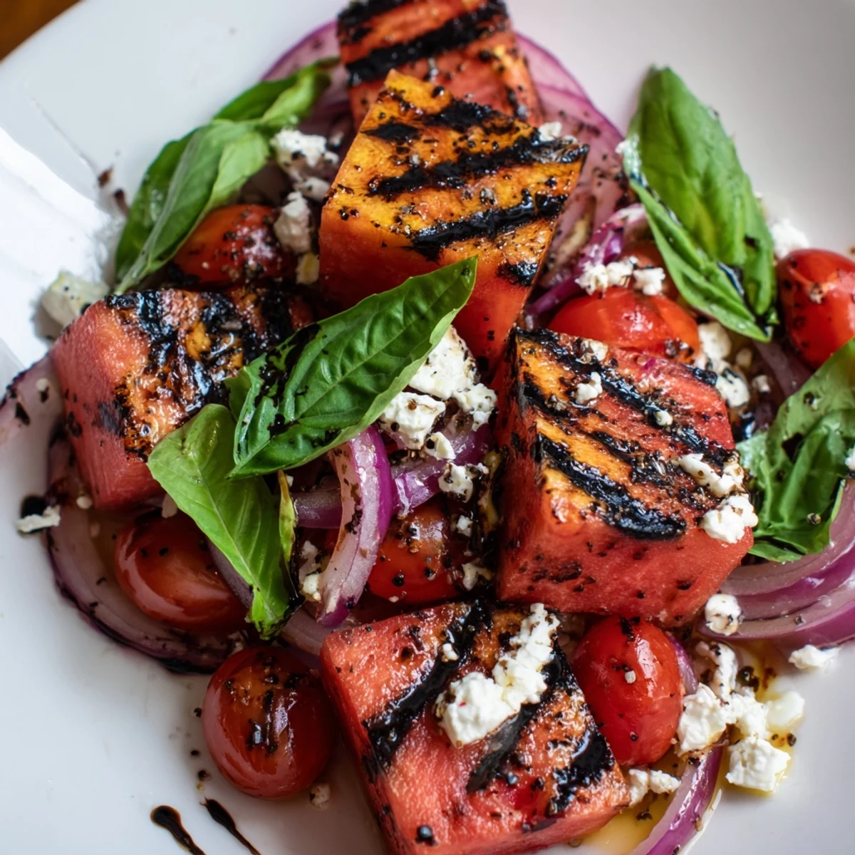 Fresh Mediterranean salad featuring smoky charred watermelon chunks topped with crumbled feta and green basil