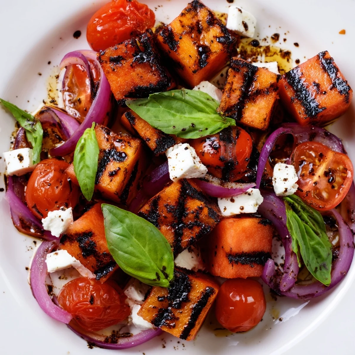 Summer picnic bowl of grilled watermelon feta and basil salad with cherry tomatoes and red onion