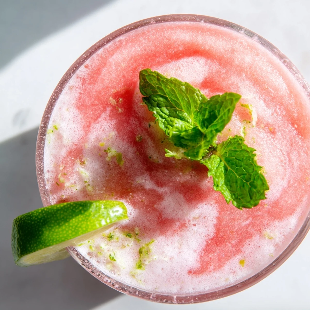 Pink Coconut Lime Watermelon Slushie served in chilled glasses with fresh mint garnish