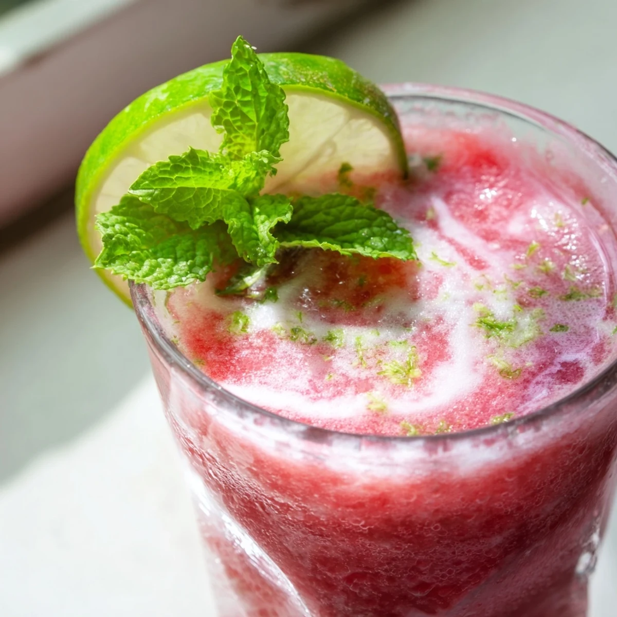Refreshing vegan Coconut Lime Watermelon Slushie in tall glasses with lime wheel garnish
