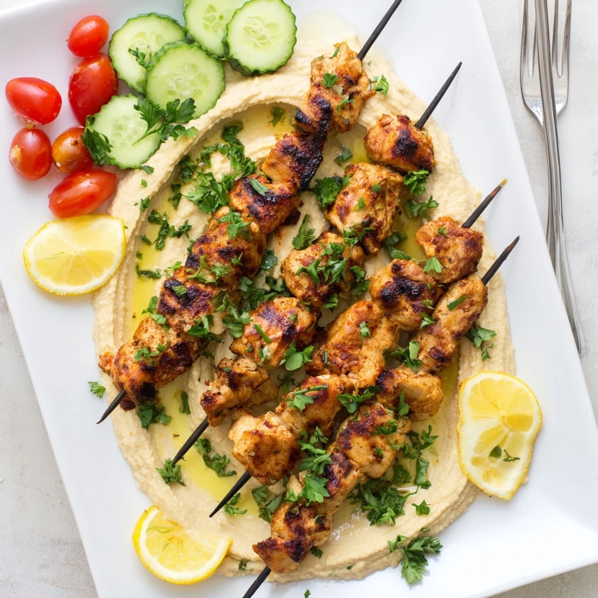 Golden grilled Mediterranean chicken skewers arranged over creamy hummus spread with fresh parsley garnish