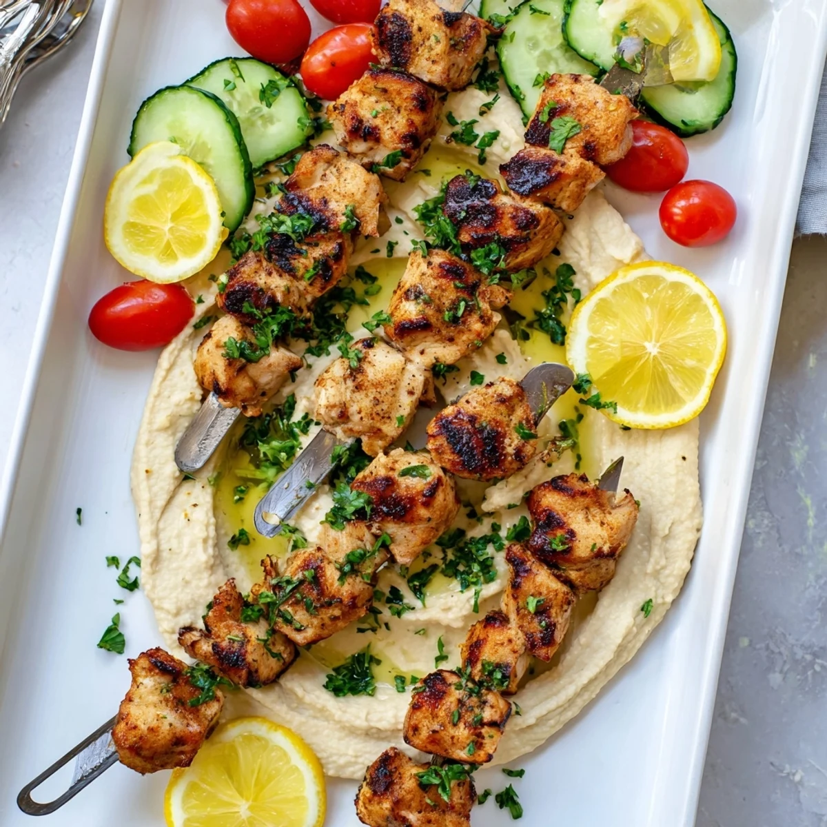 Tender marinated chicken kebabs atop smooth classic hummus drizzled with olive oil and lemon wedges