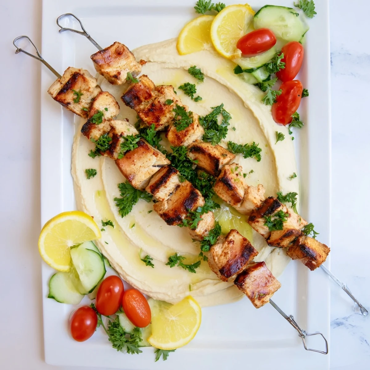 Savory spiced chicken skewers resting on velvety homemade hummus platter garnished with vibrant green parsley