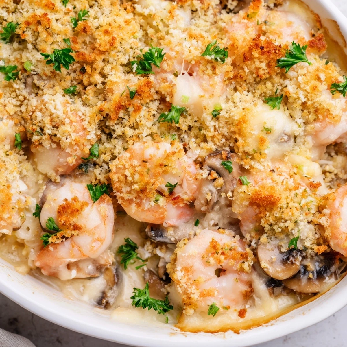 Golden brown shrimp mushroom casserole with crispy panko topping served bubbling hot from oven
