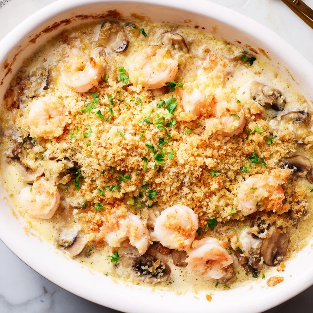 Creamy baked shrimp mushroom casserole featuring tender pink shrimp and earthy sliced mushrooms in white sauce