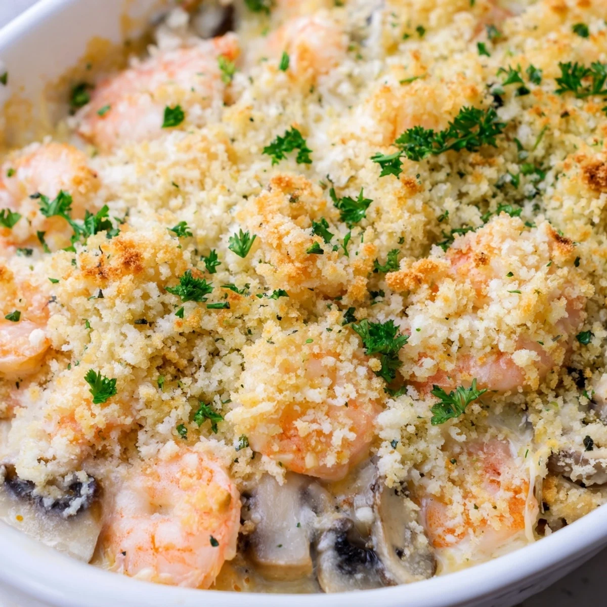 Homemade shrimp mushroom casserole sprinkled with golden parmesan breadcrumbs ready for family dinner table