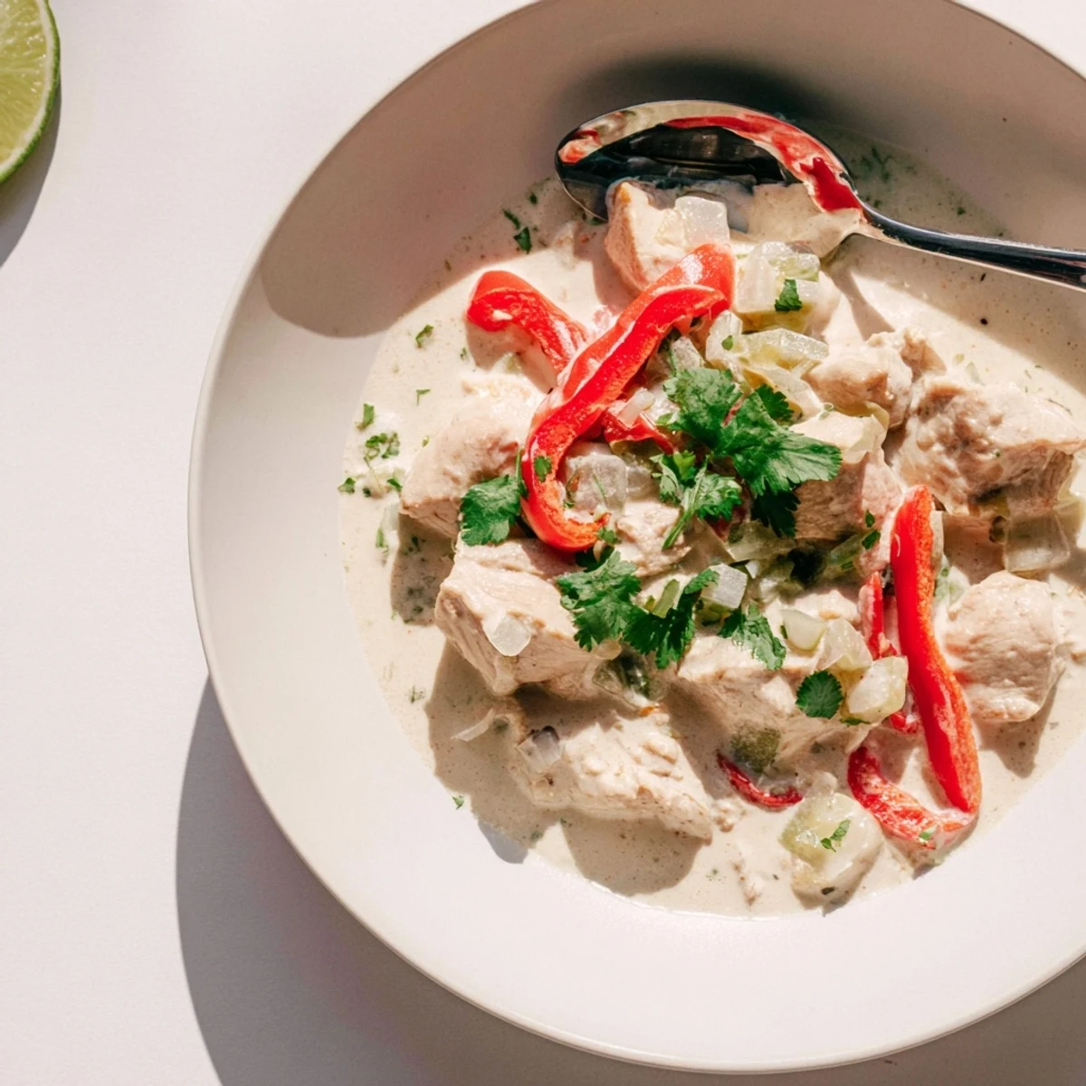 Golden Brazilian coconut chicken pieces swimming in rich creamy coconut milk sauce with vibrant red bell pepper slices