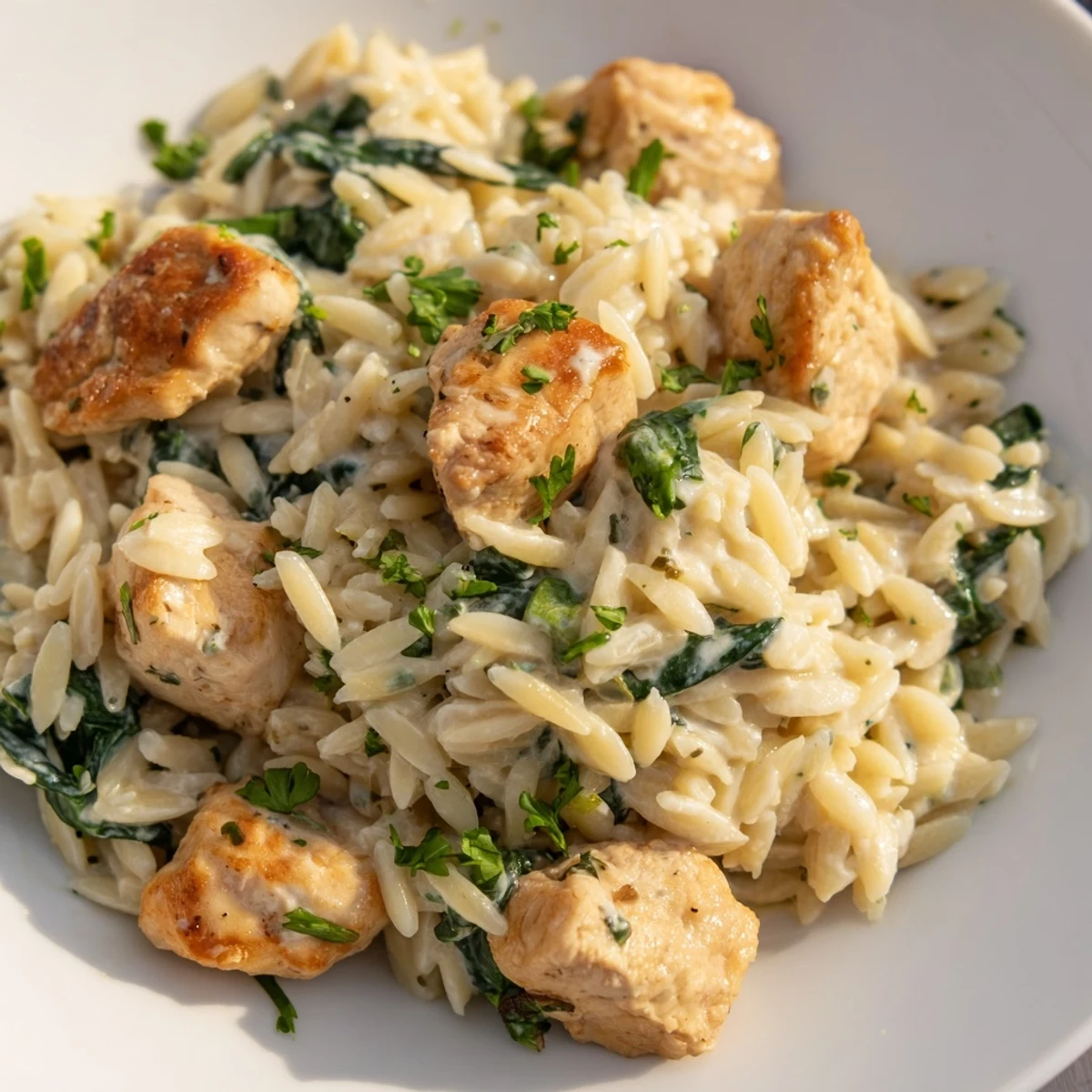 Creamy one pan Boursin chicken orzo with fresh spinach in a shallow white bowl
