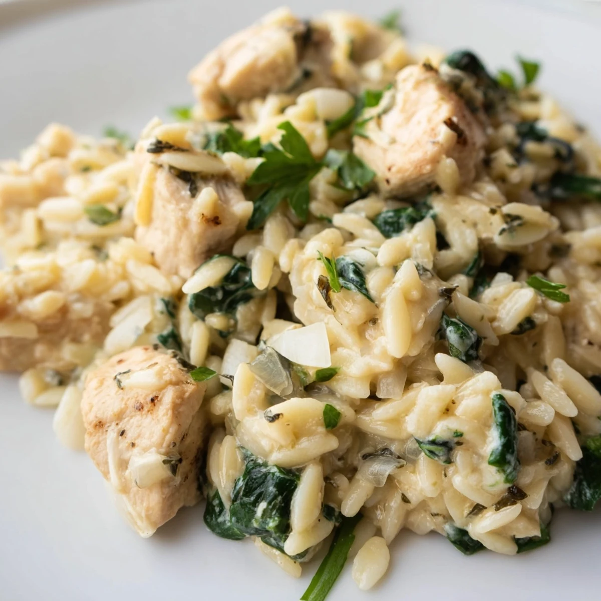 Golden chicken pieces simmered with garlic herb Boursin cheese orzo and tender wilted spinach