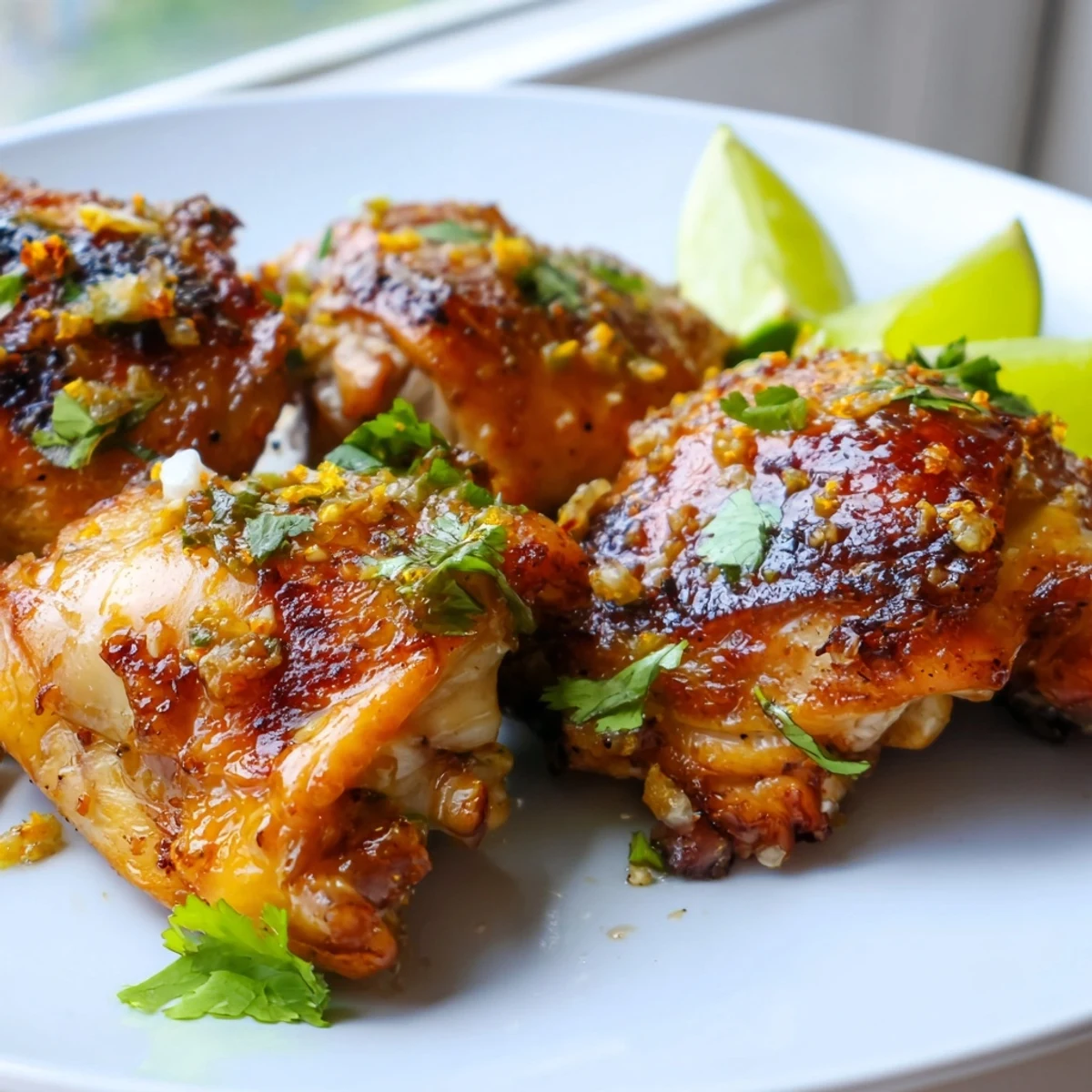 Golden roasted Cuban Mojo Chicken thighs with crispy skin and fresh citrus herb garnish
