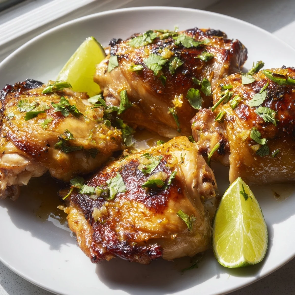 Cuban Mojo Chicken plated with rice beans and lime wedges for a complete dinner