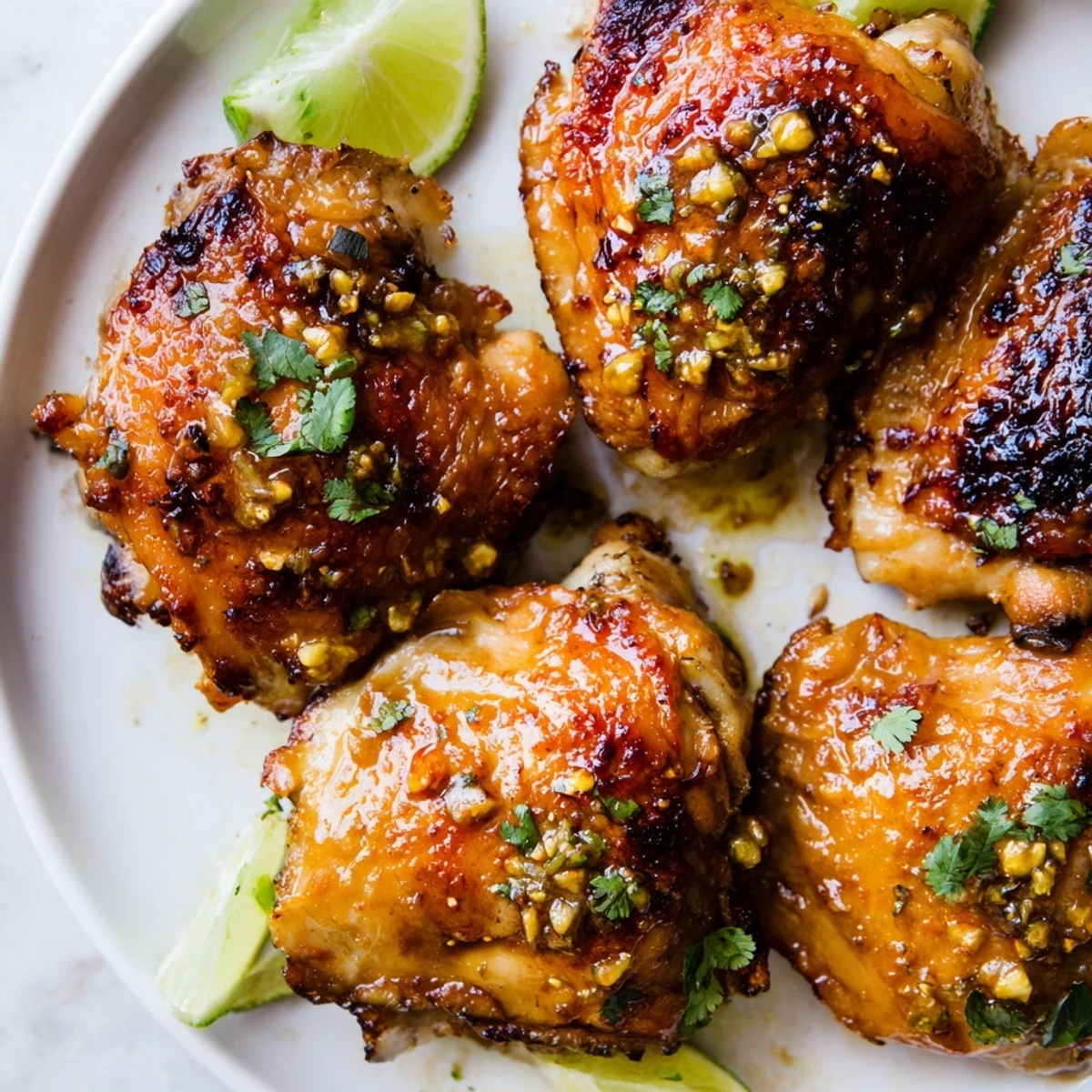 Baked Cuban Mojo Chicken thighs glistening with zesty orange lime marinade and cilantro