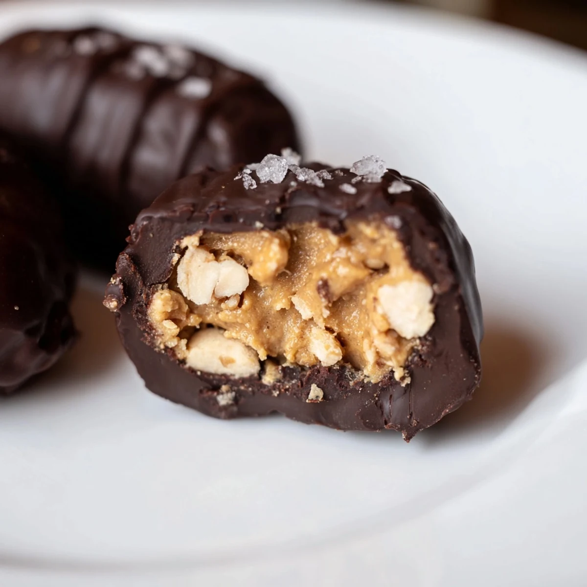 Stuffed Date Snickers drizzled with dark chocolate and topped with flaky sea salt on a white plate
