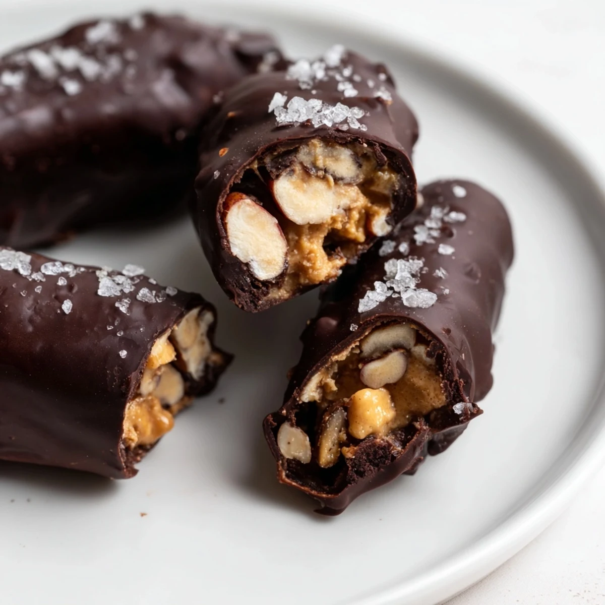 Vegan Date Snickers candy bars with chopped peanut centers and chocolate coating ready for serving