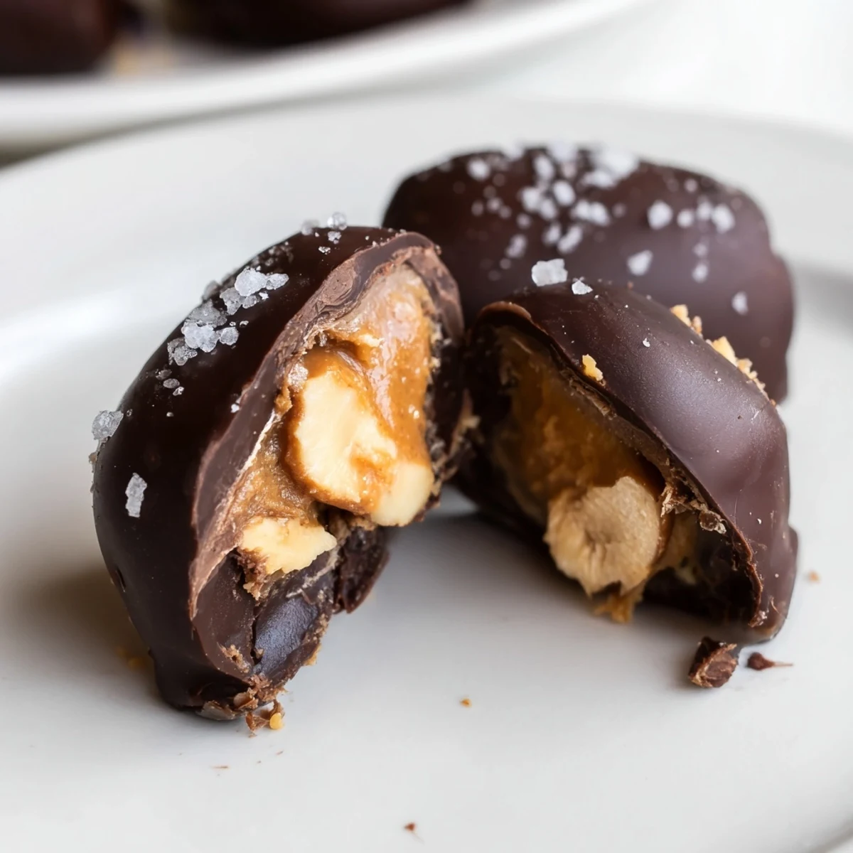 Homemade Date Snickers featuring creamy peanut butter filling and roasted peanuts coated in glossy dark chocolate