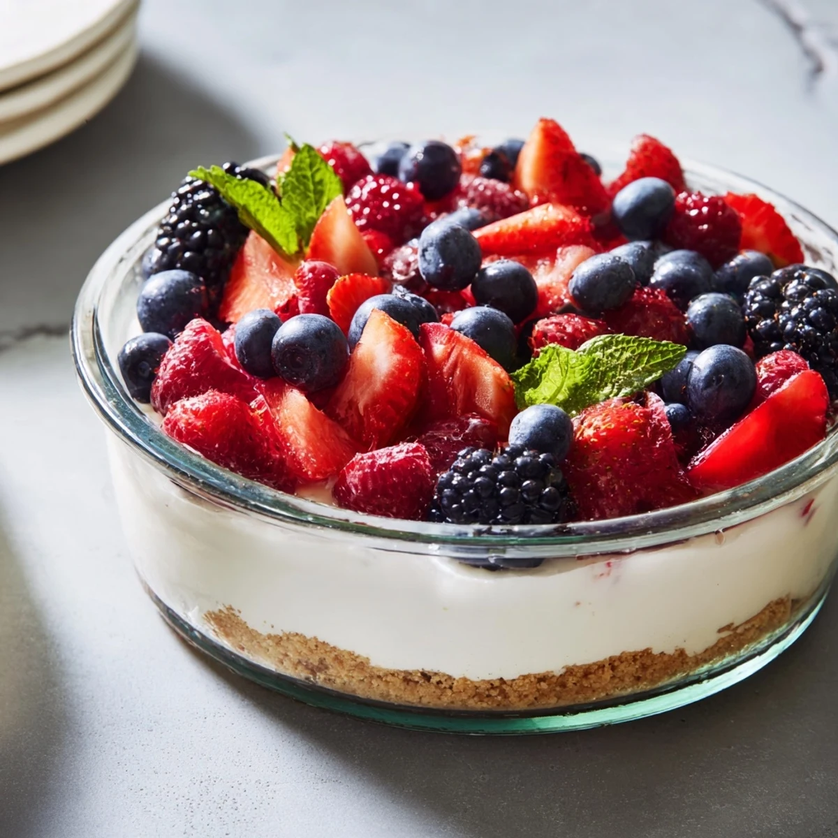 Creamy no bake berry cheesecake bowls layered with fresh strawberries and blueberries over crunchy graham cracker crust