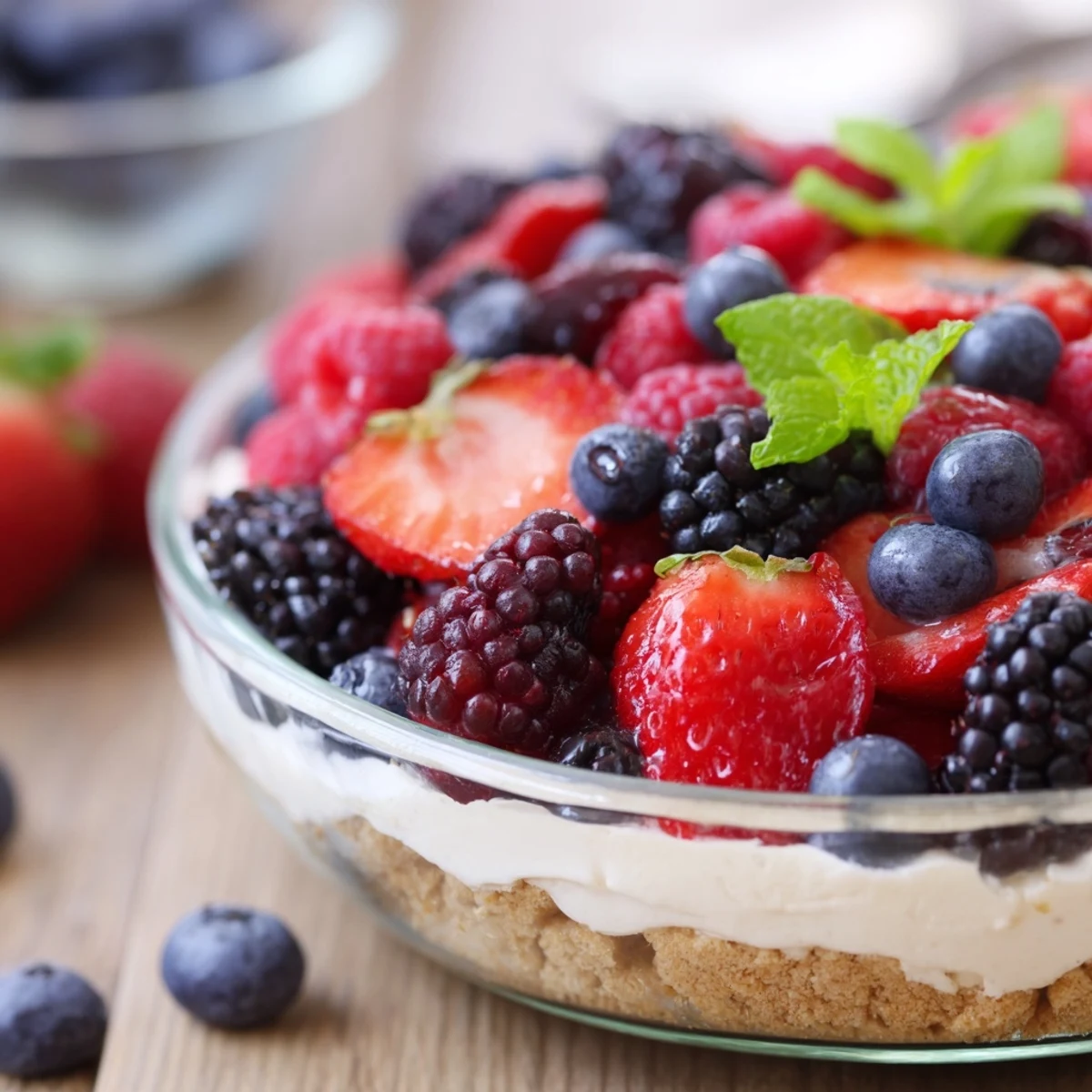 Individual no bake berry cheesecake bowls topped with vibrant mixed berries and fresh mint garnish in glass serving bowls