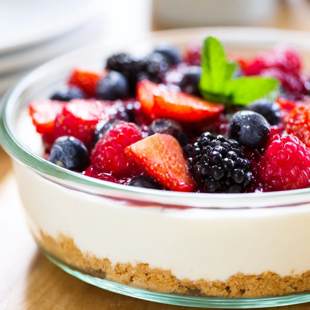 Luscious no bake berry cheesecake dessert bowls with whipped cream cheese filling and sweet glazed raspberries