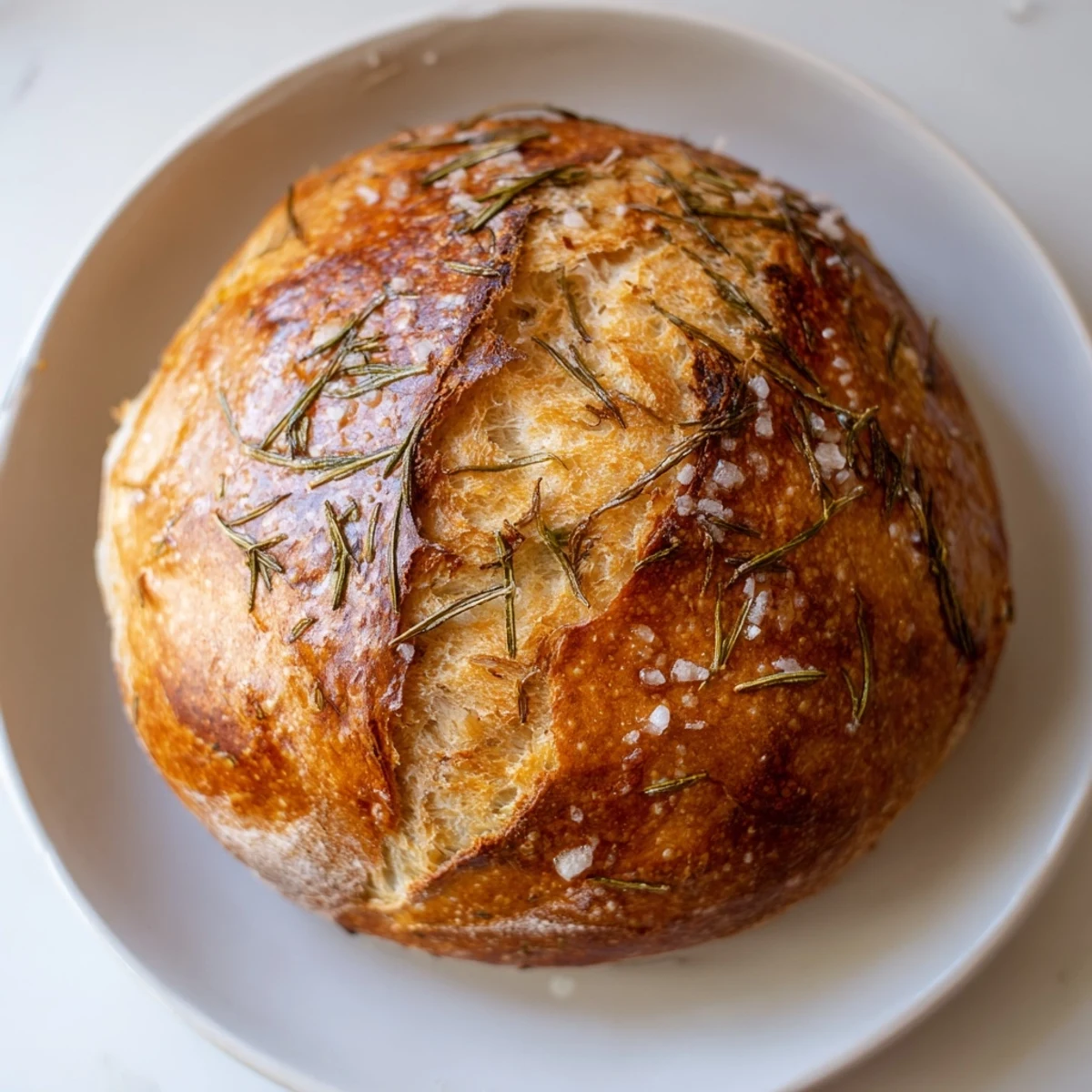 Golden brown Dutch oven garlic rosemary bread with a crackling crust and fresh rosemary sprigs