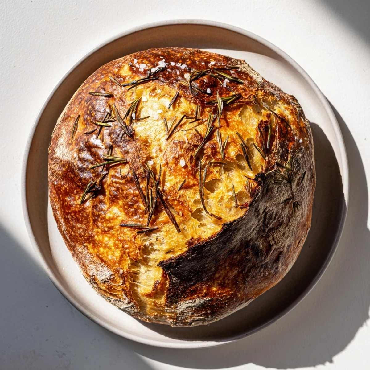 Rustic artisan loaf featuring roasted garlic and rosemary, baked in a cast iron Dutch oven