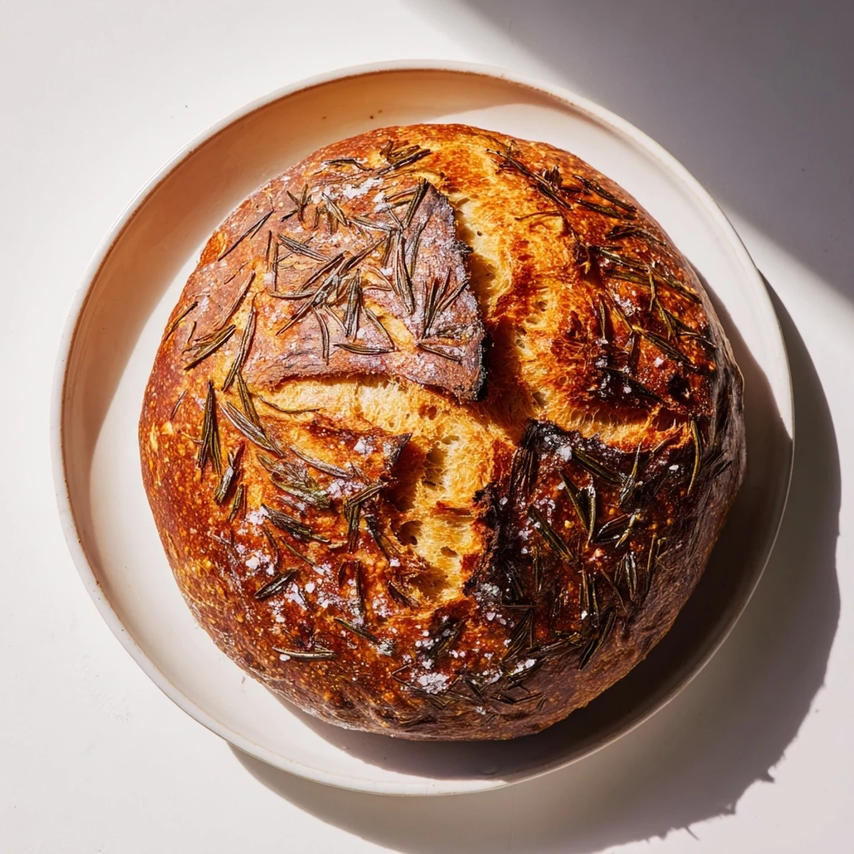 Sliced Dutch oven garlic rosemary bread revealing soft interior with golden crust and flaky sea salt
