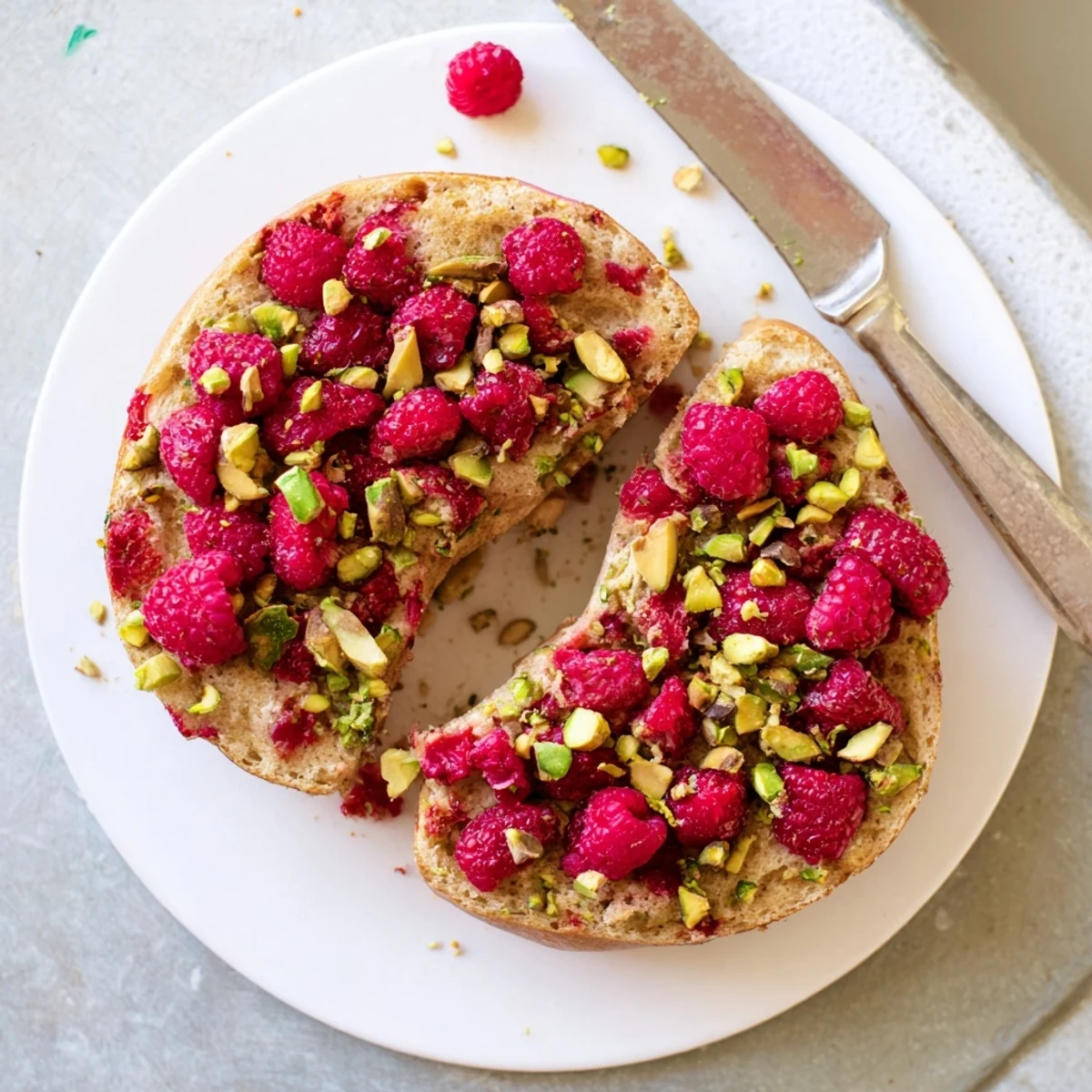 Chewy naturally leavened bagels featuring bright red raspberries and green pistachios throughout